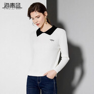海青藍(lán)（CYANINE SEA）高端氣質(zhì)拼色刺繡修身針織衫女2024秋裝新款條紋顯瘦百搭打底衫 白色 均 碼