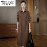 啄木鳥(niǎo)長(cháng)袖襯衫連衣裙女秋季2024新款感寬松洋氣減齡時(shí)尚氣質(zhì)中長(cháng)裙 咖色 XL 【建議110-125斤】