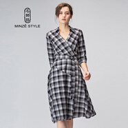 名師路格子印花連衣裙春秋季新款女裝韓版復古中長(cháng)款POLO領(lǐng)不規則大擺裙 黑白格子連衣裙 M