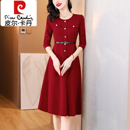 皮爾卡丹（pierre cardin）紅色時(shí)尚長(cháng)袖女士連衣裙女春秋季2025年新款氣質(zhì)媽媽收腰秋裝裙子 紅色 XL [116-125斤]