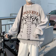 POUM美式高街流蘇毛衣男春秋冬季潮牌潮流圓領針織衫寬松休閑線衣外套 MCFS-C66灰色 2XL （尺碼偏小，建議選大一碼）