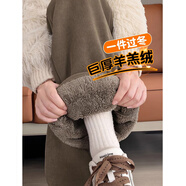 棉致加絨加厚羊羔絨顯瘦闊腿褲子女秋冬季寬松直筒休閑褲女高腰棉褲 150咖啡色【高品質(zhì)33.5】 L 85-110斤