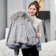梵奧格（FANAOGE）2023冬裝新款ins大毛領(lǐng)棉服女加絨加厚牛仔外套寬松韓版網(wǎng)紅棉衣 藍(lán)色【不帶毛領(lǐng)】 M 100-110斤