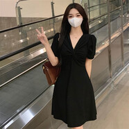 櫻欖大碼法式赫本風連衣裙女胖mm顯瘦v領打底裙子春夏新款收腰小黑裙 黑色 XL建議120-140斤