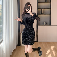 蘇洛琳（SULUOLIN）2025年春天秋冬季新款女士裝連衣裙小個子氣質(zhì)法式性感宴會禮衣服 黑色 均碼 85-125斤