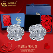 中國(guó)黃金（CHINA GOLD）足銀山茶花耳釘女款玫瑰花耳飾品小香風(fēng)情人節(jié)生日禮物送女友媽媽 山茶花耳釘【直針款】+玫瑰禮盒