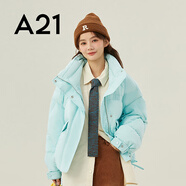A21新品韓版女裝立領外套抽繩時尚寬松保暖柔軟防風羽絨服 粉青藍 M