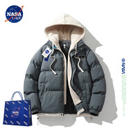 NASA LIKE官方棉服男冬季保暖假兩件連帽棉衣羽面包絨服男士防寒外套棉襖子 N99深灰色 XL （建議120-140斤）