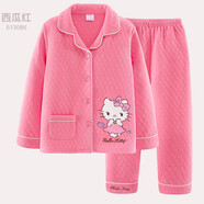 Hello Kitty女童睡衣純棉大童套裝夾棉秋冬居家加厚保暖寶寶兒童家居服 3層夾棉A西瓜紅513084 150CM適合145-155