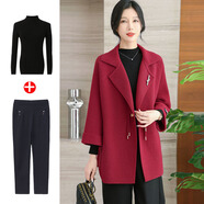 迪茸喜婆婆婚宴媽媽秋裝外套新款針織衫中老年女秋冬裝大碼毛呢子大衣 酒紅色+黑毛衣+黑褲子 3XL 推薦125-140斤（超級顯瘦）