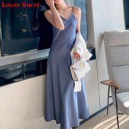LOVER RUCCI高級感醋酸真絲緞吊帶連衣裙女春夏中長a字打底裙內(nèi)搭夏傘裙大擺 灰藍色 S