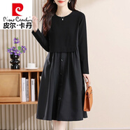 皮爾卡丹（pierre cardin）假兩件連衣裙子女士裝春秋冬2024年新款小個(gè)子氣質(zhì)大號長(cháng)袖中長(cháng)裙 黑色《別致漂亮女神范今年流行氣 L (100-115斤)