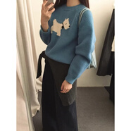 DXOT2025慵懶休閑風(fēng)提花套頭卡通小狗毛衣女秋冬韓國寬松針織衫灰 霧藍色 L 建議115-125斤