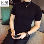 閃爆帥氣絲光棉針織衫毛衣黑色修身運動(dòng)短袖半高領(lǐng)輕熟風(fēng)男裝打底針織 黑色 XL