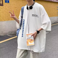 獵堰肥仔200斤大碼印花五分袖男t恤夏季潮流寬松學(xué)生半袖體恤重磅T袖 白色 L