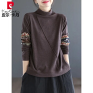 皮爾卡丹半高領(lǐng)雙面德絨打底衫女2025新款保暖t恤寬松印花長袖上衣內(nèi)搭 咖啡色 2XL 建議130-145斤