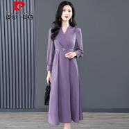 皮爾卡丹（pierre cardin）秋季新款2024年醋酸緞面重工釘珠長(cháng)袖連衣裙氣質(zhì)貴夫人真絲長(cháng)裙女 紫色 2XL