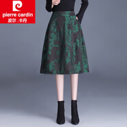 皮爾卡丹（pierre cardin）提花半裙媽媽款高腰a字燈籠裙半身裙春秋蓬蓬傘裙女中長(cháng)款花苞裙 綠牡丹裙長(cháng)66cm XL 適合體重110-120斤