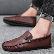 水木苒英倫豆豆鞋男潮流鞋韓版休閑駕車(chē)樂(lè )福套腳一腳蹬懶皮鞋夏季鞋子男 棕色 41碼