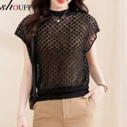 歌米拉（Gemila）蝙蝠衫鏤空短款冰絲打底衫女時(shí)尚夏季新款落肩袖短袖薄款T恤 黑色 M