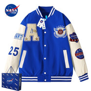 NASADKGM夾克外套男秋冬季新款美式棒球服外套男潮流寬松情侶繡花上衣夾克 藍色（春秋款） L （建議125-140斤）