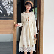 儀纖文藝甜美娃娃領(lǐng)刺繡蕾絲長(cháng)袖連衣裙女2024秋冬新款森系初戀裙6344 杏色 S