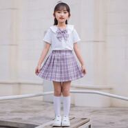 允橘1-13歲小女孩子夏天穿的小孩子女童夏裝jk全套小學(xué)生裙子兒童女百 JK短袖套裝紫色 150 建議身高140到150
