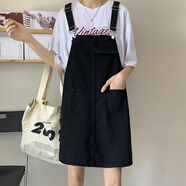 瑟空（SEKONG）2025新款復古寬松牛仔背帶裙女韓版開(kāi)叉中長(cháng)款連衣裙A字吊帶裙YLM 寬松顯瘦黑色 S