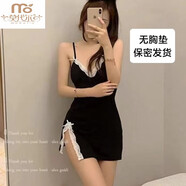 莫代爾2025新款時(shí)尚開(kāi)叉性感v領(lǐng)拼接蕾絲包臀無(wú)袖連衣裙吊帶睡裙女 黑色 S碼（建議80-90斤）