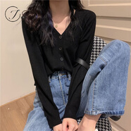 Jret2024新款春秋針織開衫女韓版短款V領(lǐng)內(nèi)搭長袖薄款毛衣外套外搭 黑色 S