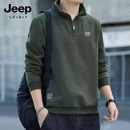 吉普（JEEP） 衛(wèi)衣男立領(lǐng)寬松大碼男裝半拉鏈刺繡打底衫純色長袖t恤男裝春秋潮 軍綠色 2XL (建議體重140-160斤)