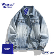 WASSUP HERMU牛仔外套男春秋季美式高街漸變色夾克上衣復(fù)古情侶裝休閑牛仔衣 淺藍(lán)色 M （建議110-130斤）
