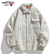 查爾斯桃心秋季寬松美式厚款潮牌學(xué)生翻領(lǐng)格子工裝夾克外套男女同款 白色 M