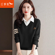 紅蜻蜓針織衫女襯衫領(lǐng)2025年春季新款女裝假兩件打底衫長袖t恤女士上衣 黑色 均碼 【適合80-145斤】