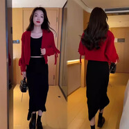 初徑開(kāi)衫毛衣外套女秋冬時(shí)尚韓版短款蝴蝶結百搭時(shí)髦洋氣針織長(cháng)袖上衣 紅色款 均碼 80-140斤可穿