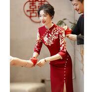 東刻喜媽媽高端婚禮服旗袍敬酒服2025年新款酒紅色小個子新娘結(jié)婚訂喜 酒紅色 A款-繡花雙層 XL