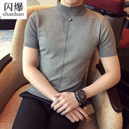閃爆帥氣絲光棉針織衫毛衣黑色修身運動(dòng)短袖半高領(lǐng)輕熟風(fēng)男裝打底針織 灰色 XL