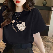 吉莞美夏季純棉寬松t恤女裝流行新款小熊愛心印花體恤上衣正肩百搭 黑色*愛心熊 L【建議115-130斤穿著】