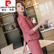 皮爾卡丹高檔品牌女裝小香風套裝女秋冬職業(yè)裝毛呢西裝秋裝2022新款感兩件套套裝裙冬季顯瘦 紅色外套+紅色連衣裙 3XL