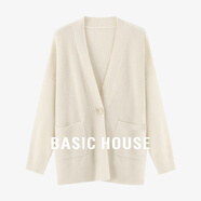Basic House/百家好灰色V領(lǐng)毛衣開衫顯瘦綿羊毛一粒扣中長(zhǎng)款外套 白色 M 90-120斤