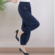 蘭威費雷女褲夏秋闊腿褲棉綢花褲休閑長(cháng)褲燈籠褲高腰蘿卜褲 深藍色 2XL 110-130斤