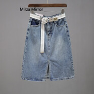 蜜莎蜜拉（Mirza Mirror）2025春夏高腰牛仔裙女新款前開叉中長款a字半身裙臀百搭裙子 淺藍色 S