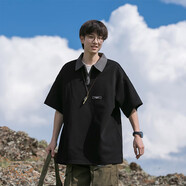 Shelley Jones美式polo衫男夏季重磅歐美高街ins潮流潮牌寬松青少年學(xué)生上衣服 *XZ518-2-PL03黑色 XL