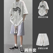 卡圖弛 衣服男夏季短袖t恤男寬松休閑套裝韓版潮流百搭五分半截袖男青少年美式復古運動短褲一套上衣男裝 白色短袖+灰色短褲 4XL【建議160-180斤】