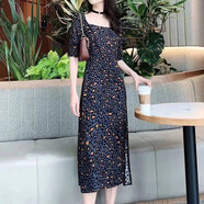 HAAPES女裝2025年夏季方領(lǐng)印花松緊背開叉短袖中長款連衣裙女 豹紋連衣裙 2碼