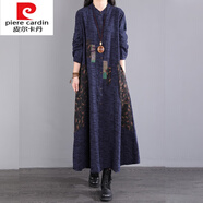 皮爾卡丹（pierre cardin）針織春秋連衣裙民族風(fēng)女2025新款長款冬季加絨長裙寬松休閑氣質(zhì)裙 藏藍(lán) 3XL 150-170斤