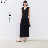 LILY夏新款女裝設(shè)計(jì)感學(xué)院風(fēng)百褶氣質(zhì)V領(lǐng)通勤長款高腰連衣裙 510黑 S