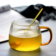 柚蘿高硼硅玻璃杯耐高溫防爆水杯精致早餐杯牛奶杯女花茶杯家用咖啡杯 0.4L豎紋款+金勺 可微波爐使用