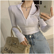 KAHTOP2025春秋新款韓版高腰短款T恤女休閑白色上衣露臍裝外穿打底衫CLJ 性感拉鏈白色 2XL 