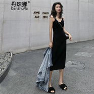 丹珠娜 黑色吊帶針織連衣裙女秋季中長款V領(lǐng)黑色打底內(nèi)搭修身針織背心連衣裙女 黑色 均碼